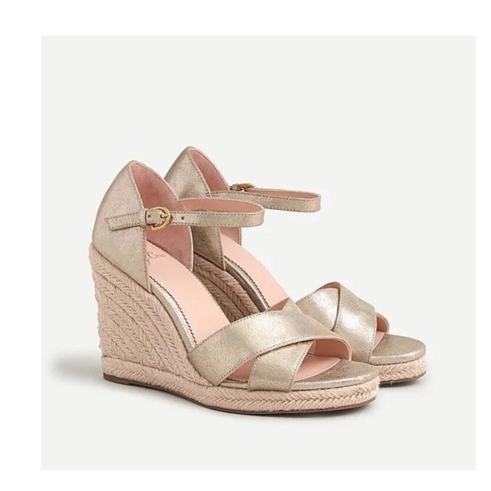 J.Crew Jute Wedge Sandals in Metallic Leather White Gold Boho Size 8 Style AN872
